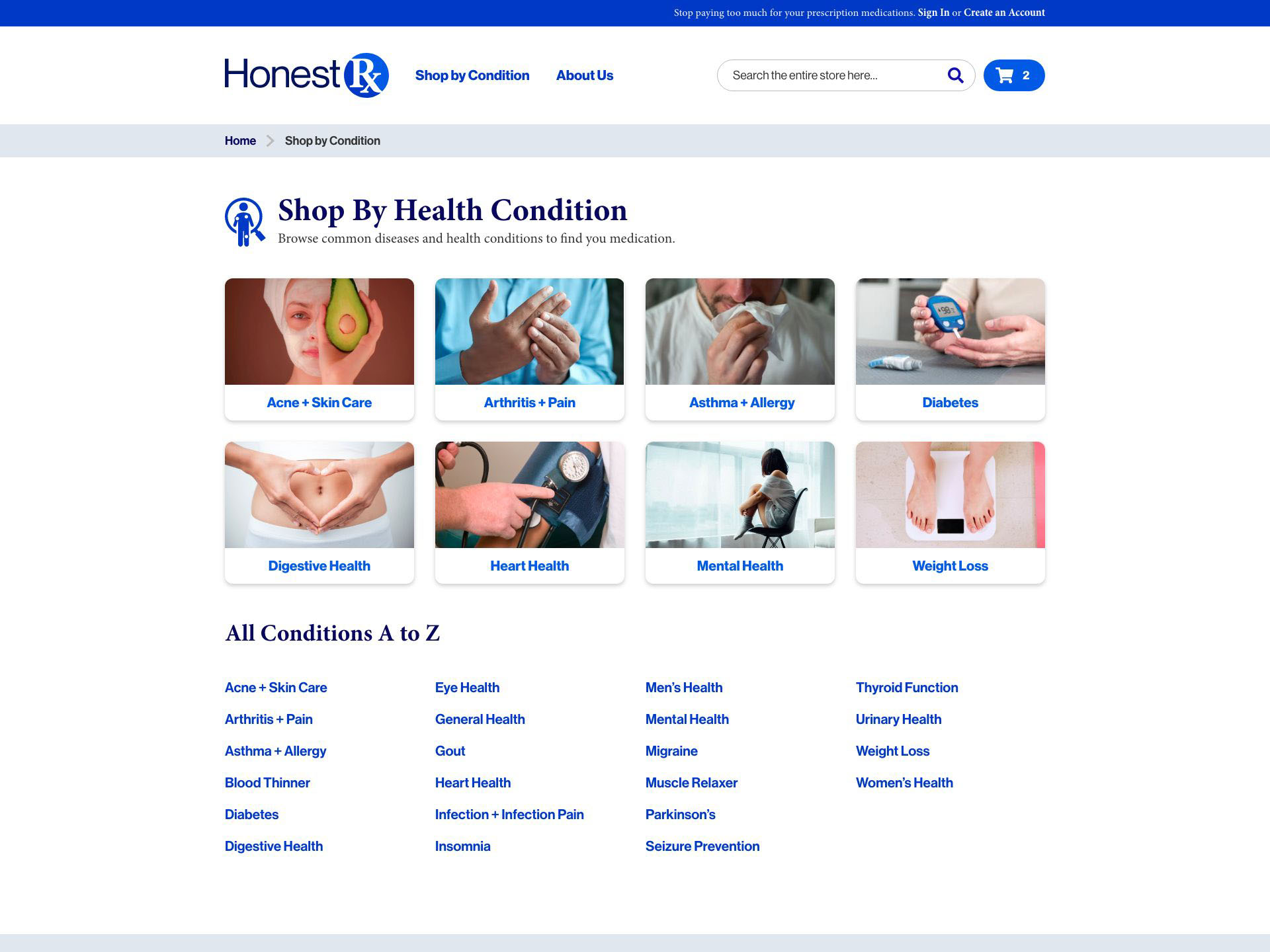 HonestRx UI - Shop by Health Condition