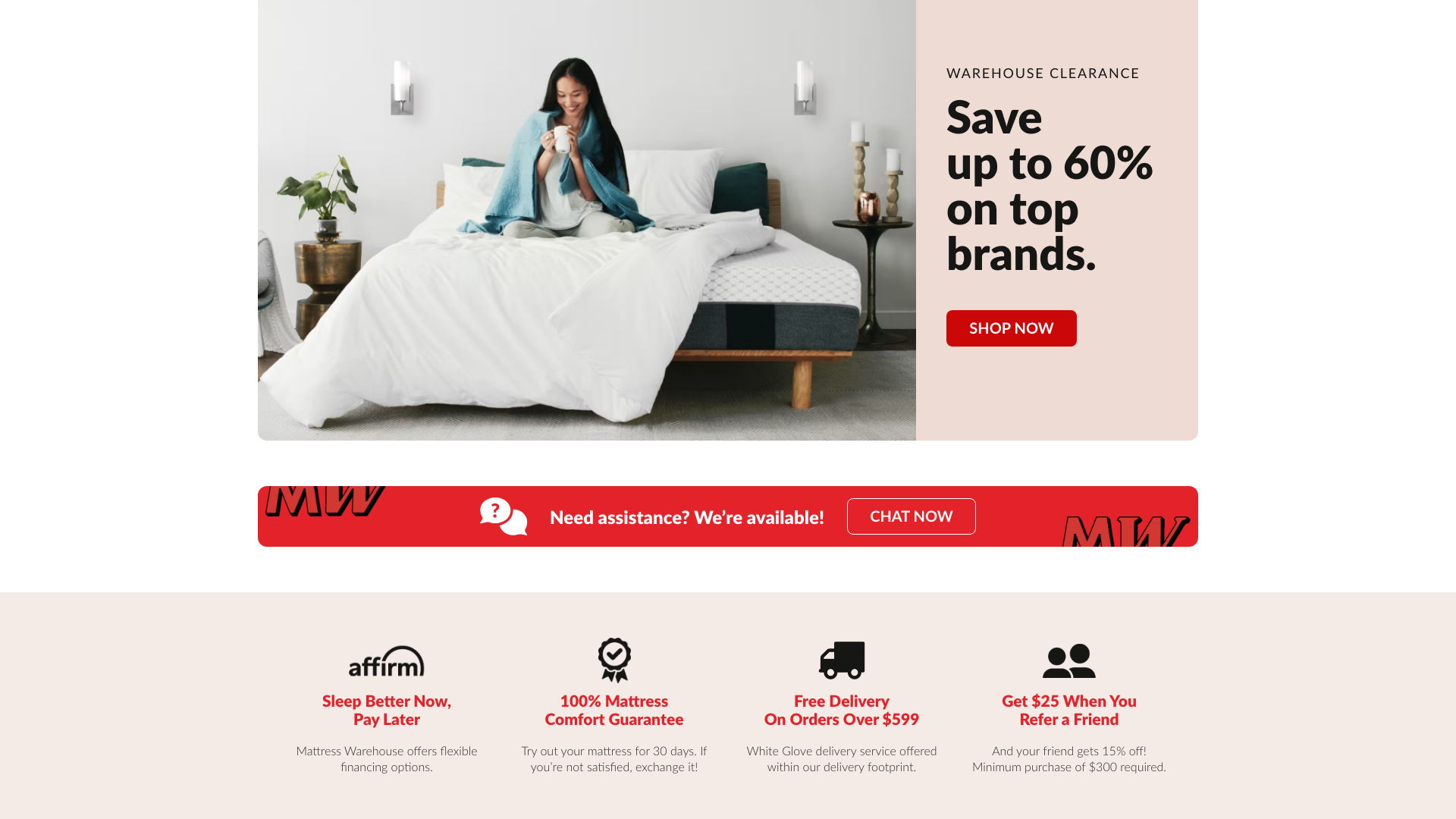 Mattress Warehouse UI - Home Page - Secondary Sections