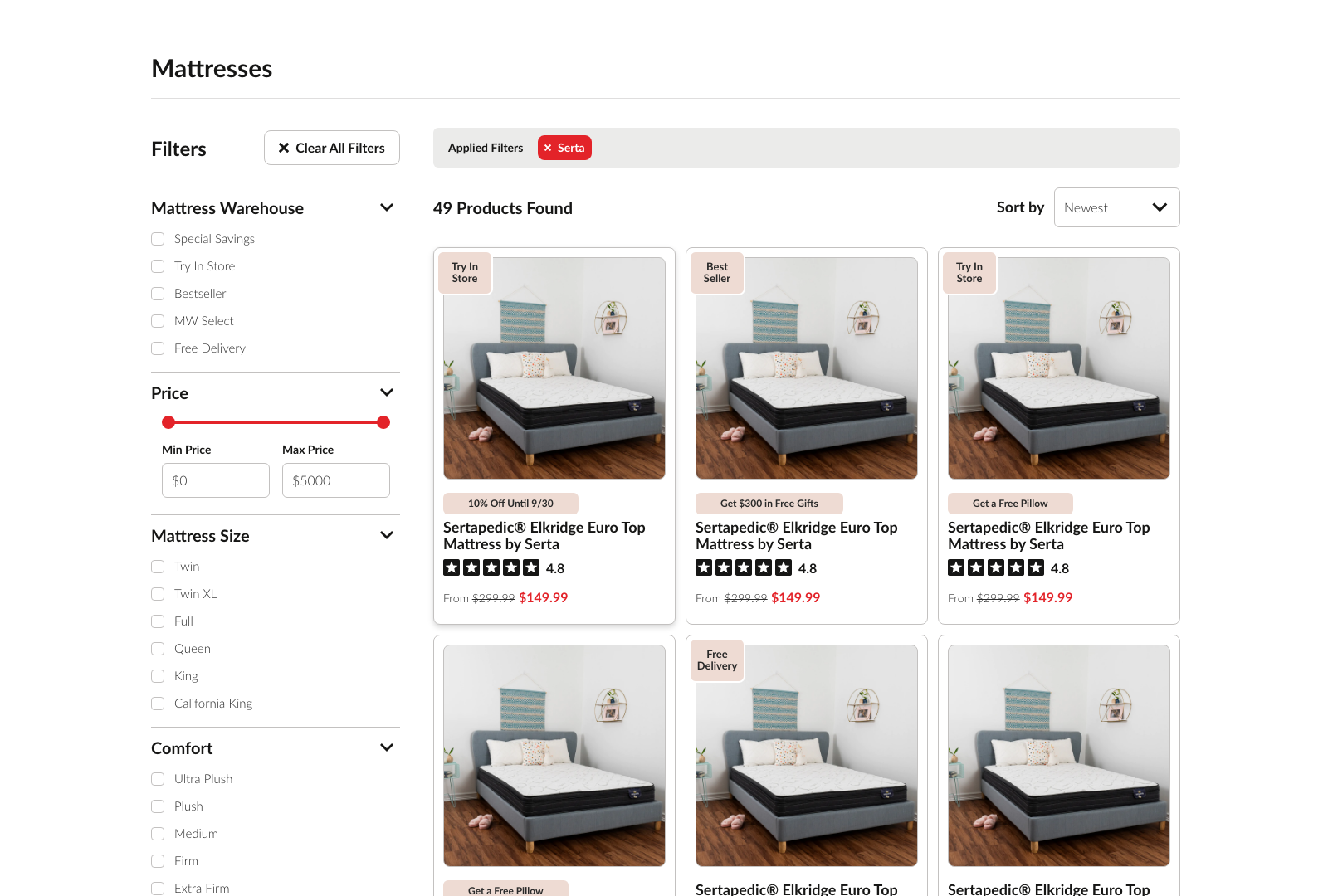 Mattress Warehouse UI - Category PLP