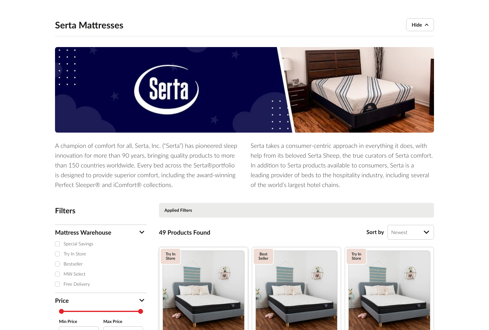 Mattress Warehouse UI - Brand PLP