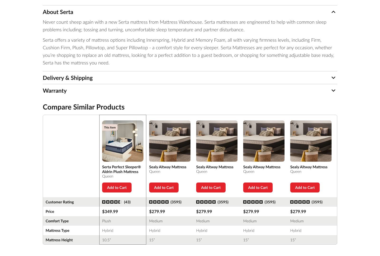 Mattress Warehouse UI - Product Detail Page - Compare Products