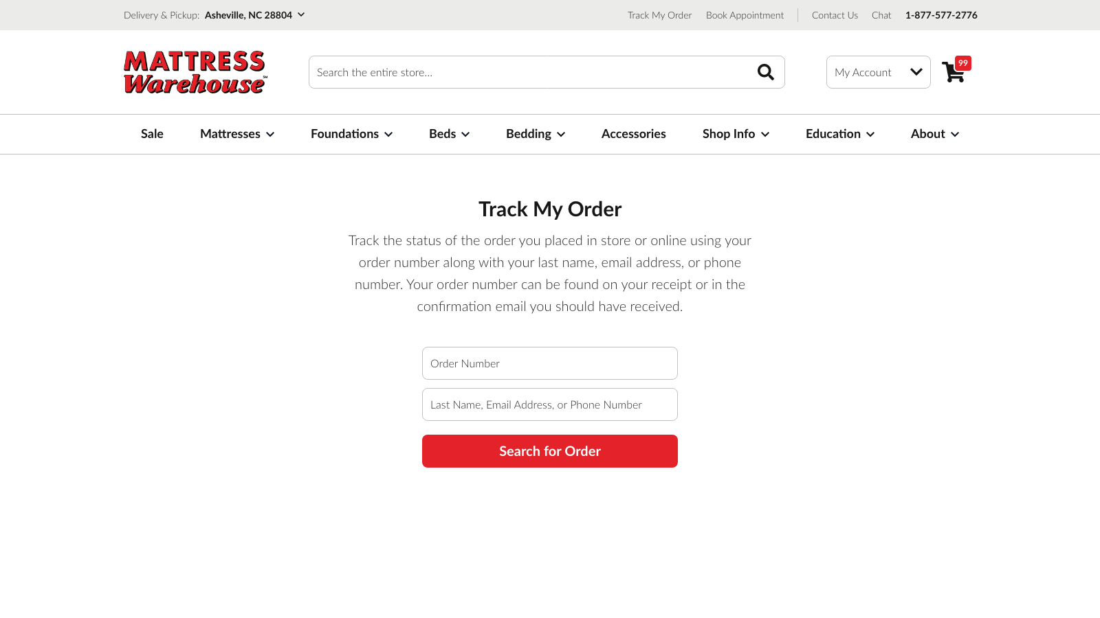 Mattress Warehouse UI - Track Order - Form