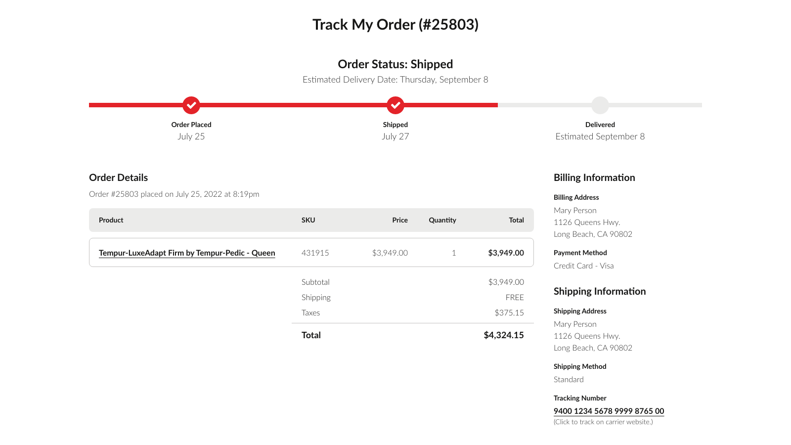 Mattress Warehouse UI - Track Order - Status