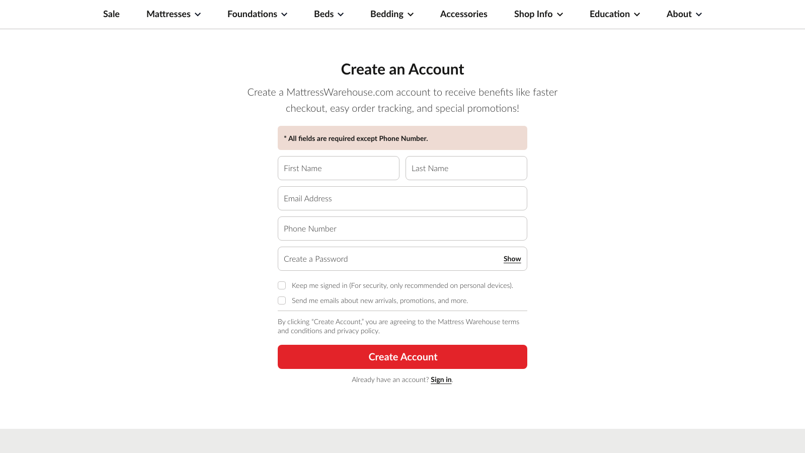 Mattress Warehouse UI - Account - Create