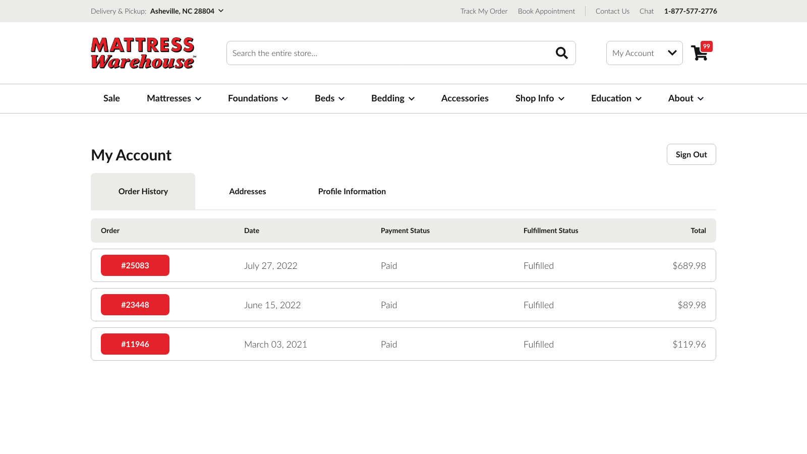 Mattress Warehouse UI - Account - Dashboard