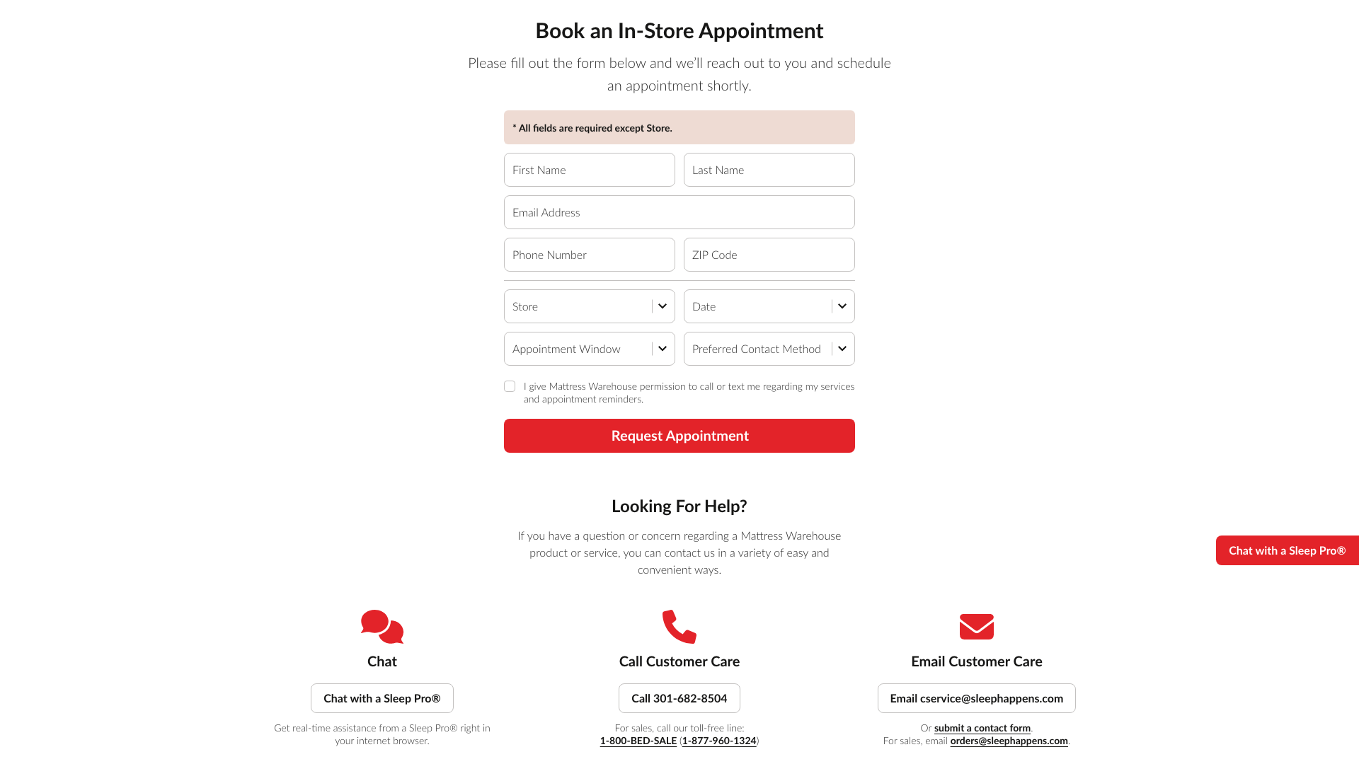 Mattress Warehouse UI - Appointment Request Form