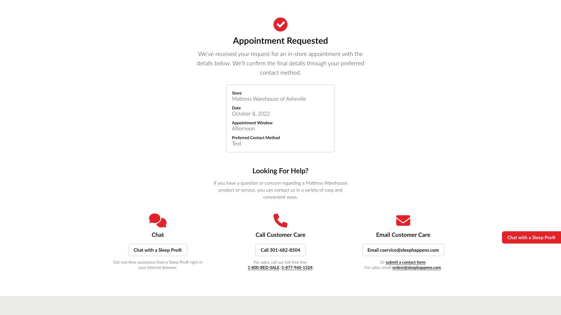 Mattress Warehouse UI - Appointment Request Confirmation