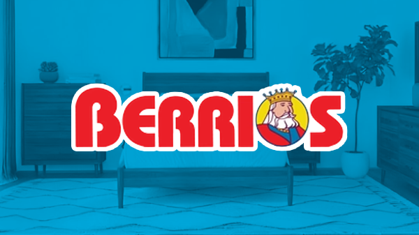 Berrios Logo over photo of a bedroom with a dark blue filter