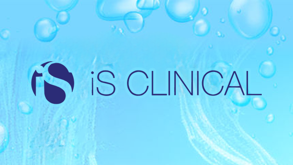 iS Clinical logo over abstract background of splashing water and bubbles
